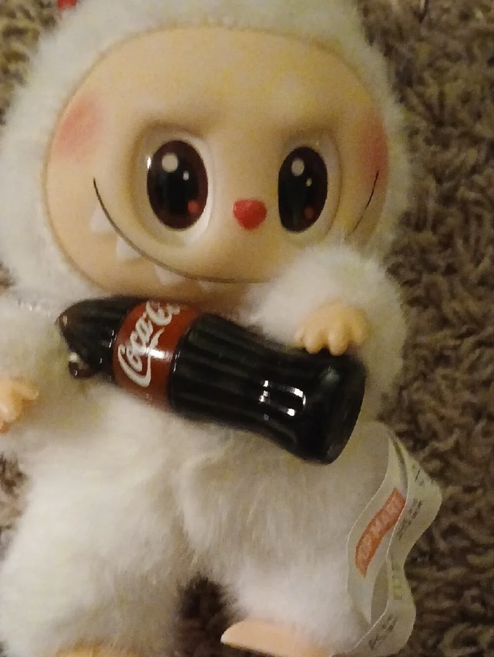 White Fuzzy Bunny Plush Keychain Holding Coca-Cola Bottle